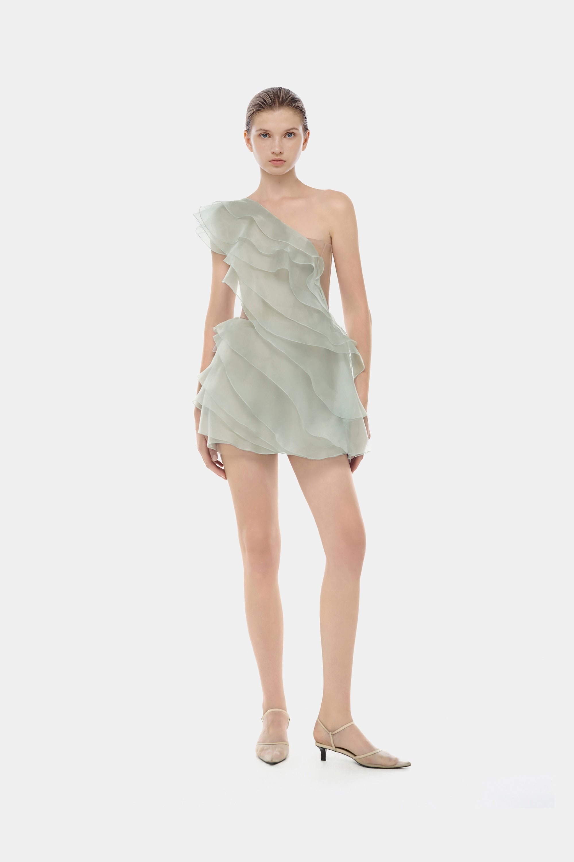 Mint Ruffle One-Shoulder Mini Dress XS