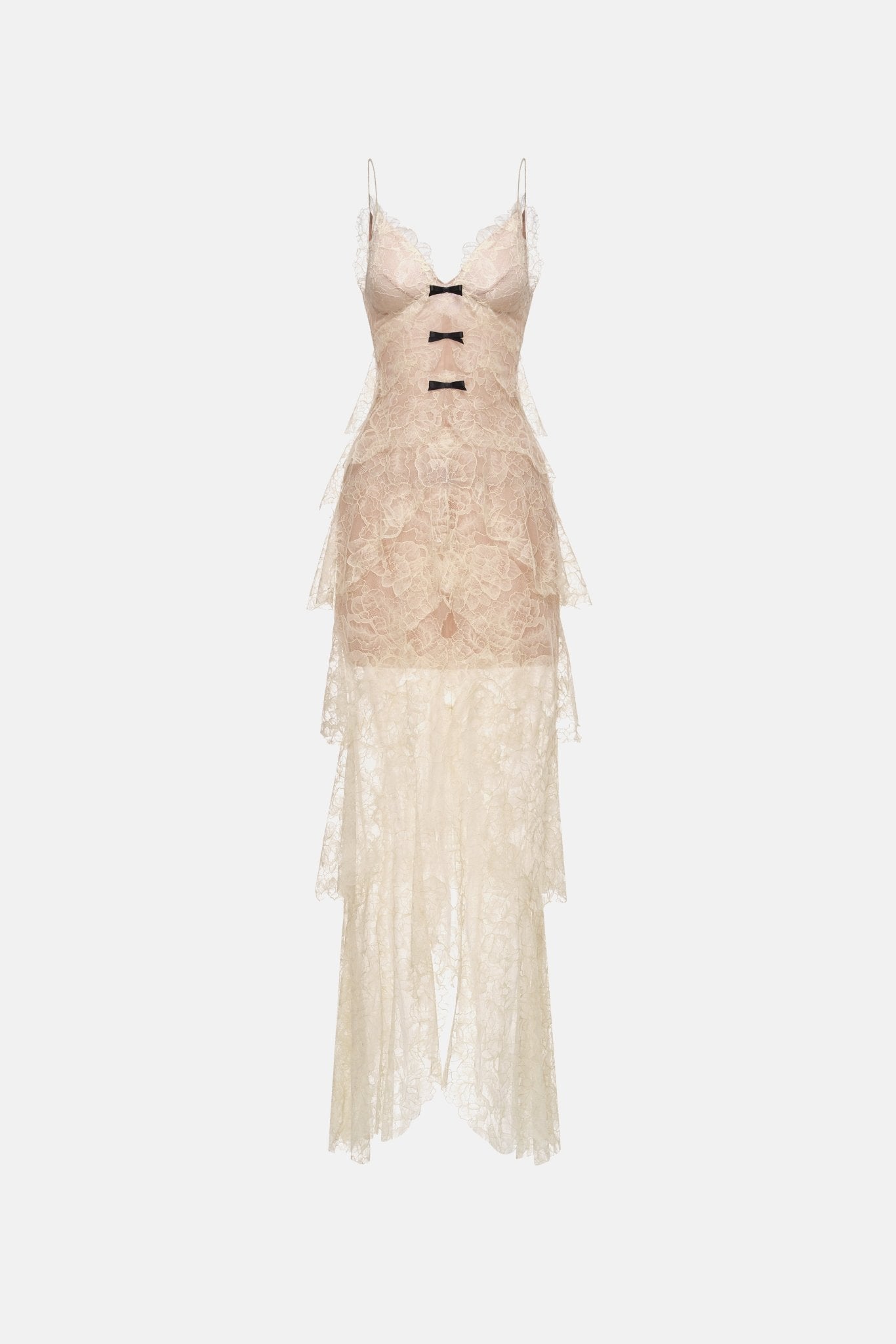 Beige Floral Bow Vneck Maxi Dress S