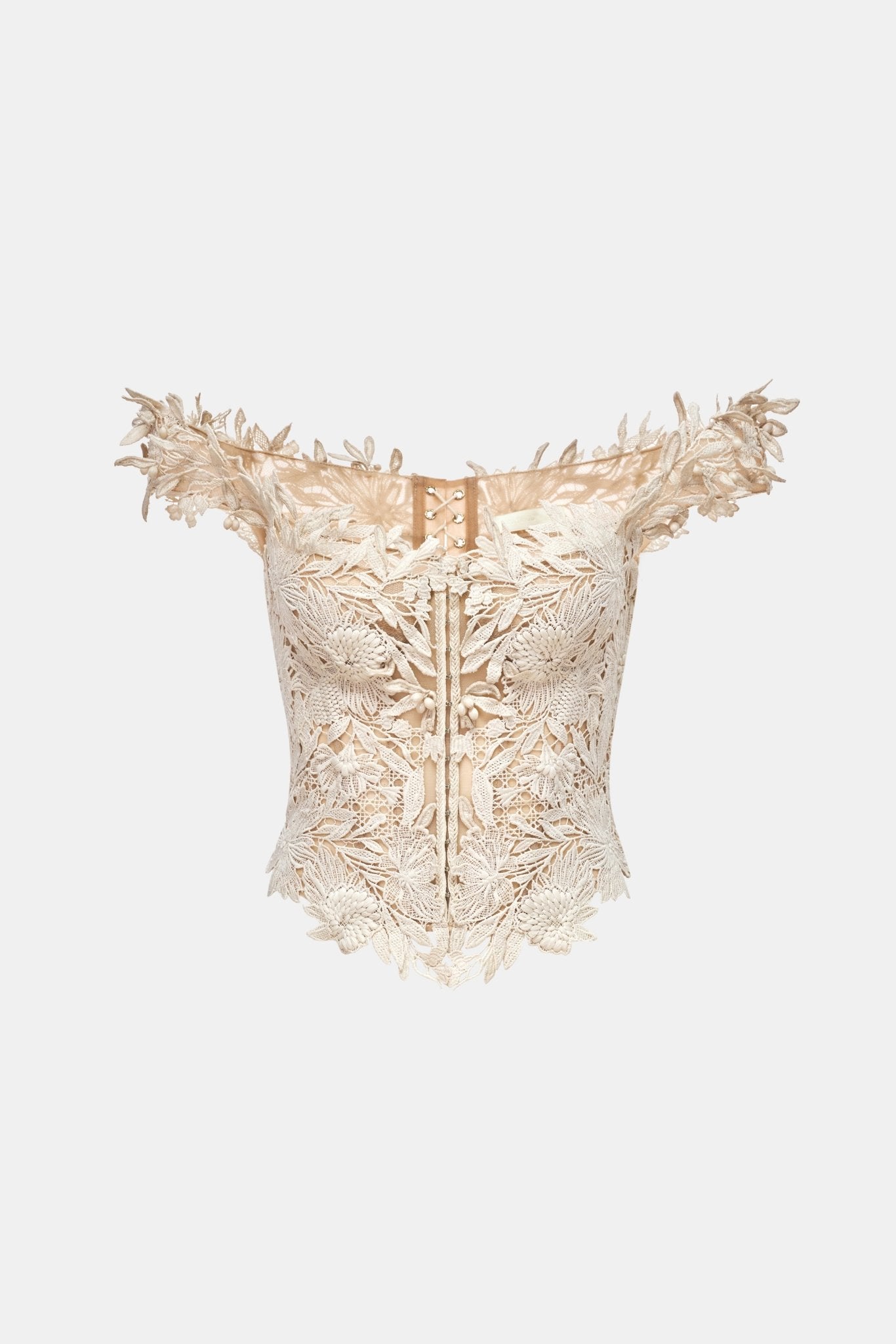 Magician’s Flower Bustier ベージュ 3D flower retro bustier swimsuit in cream