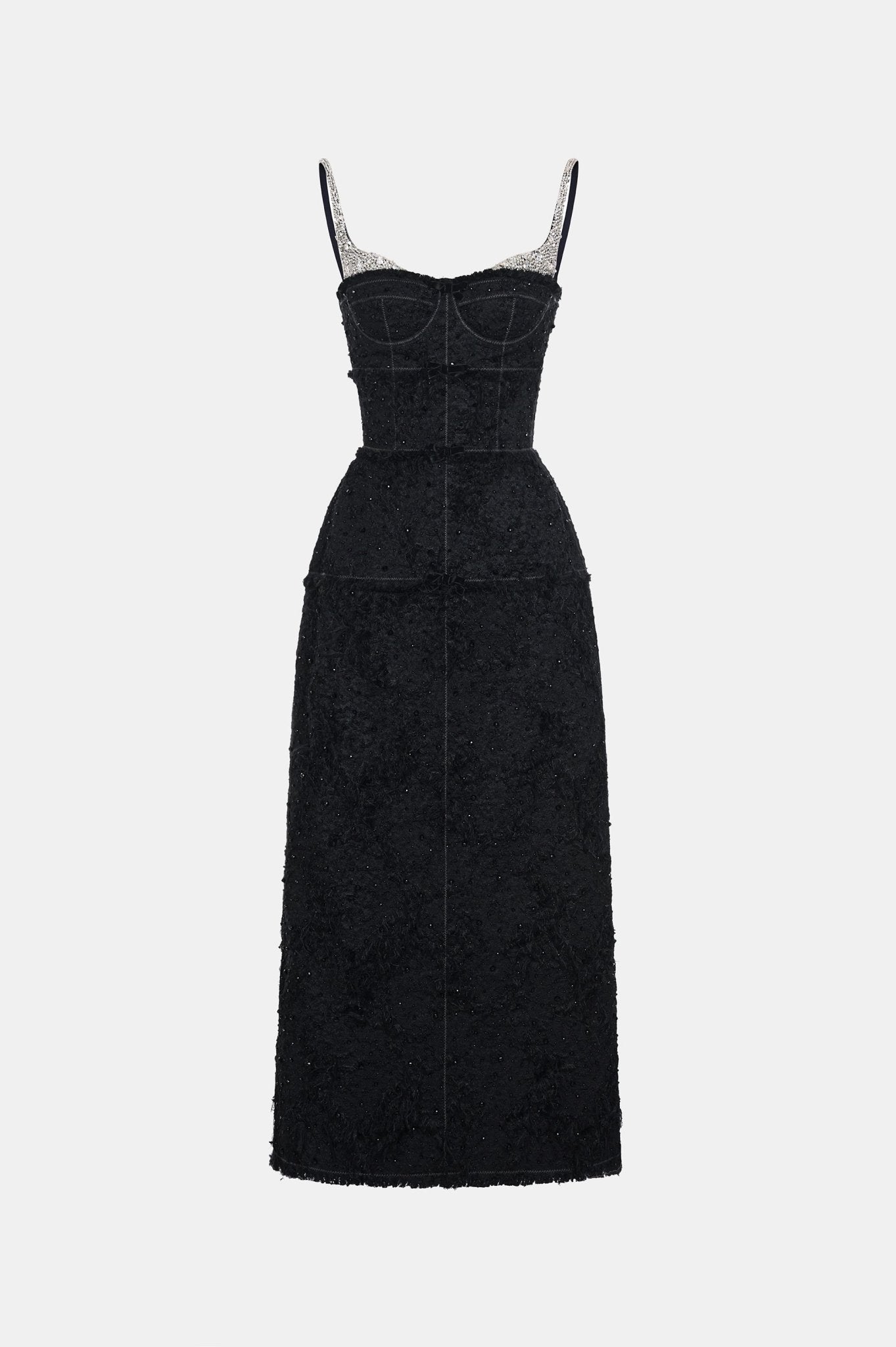 open lace back dress Black Beaded Ruffled Midi Dress main image 0