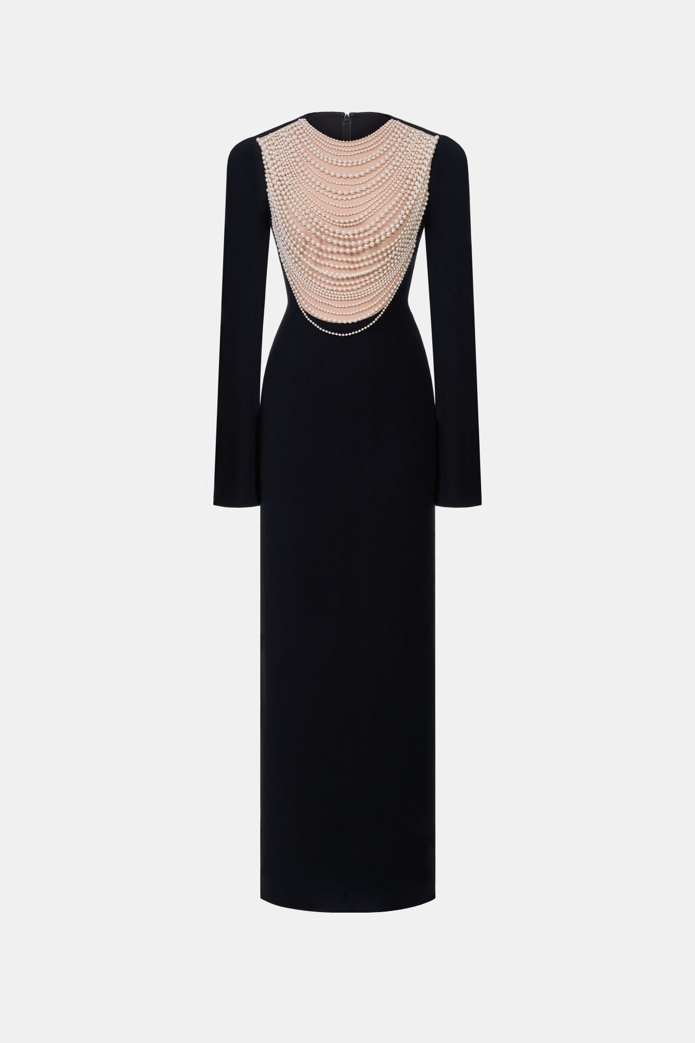 black dress with pearl embellishment Mac Duggal Pearl-Encrusted One-Shoulder Long Sleeve Mini Dress - Black