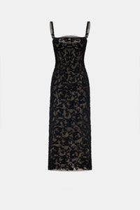Black Straight Neckline Bodice Midi Dress - Montsand