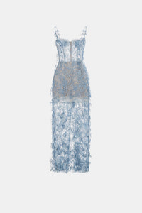 Blue Beaded Lace Pencil Dress - Montsand