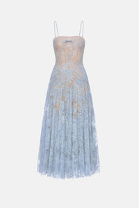 Blue Straight Neckline Pleat Midi Dress - Montsand