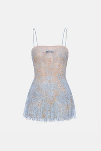 Blue Straight Neckline Pleat Mini Dress - Montsand