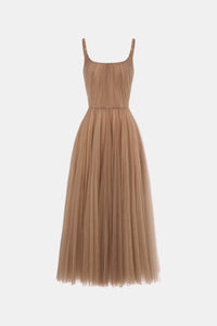 Brown Draped Tulle Midi Dress - Montsand