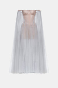 Grey Tulle Off-shoulder Midi Dress - Montsand