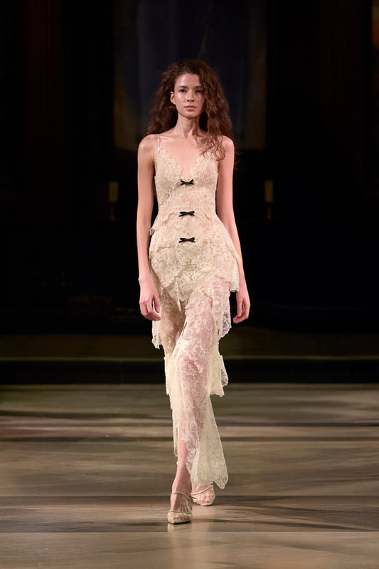 Ivory Floral Bow Vneck Dress - Montsand