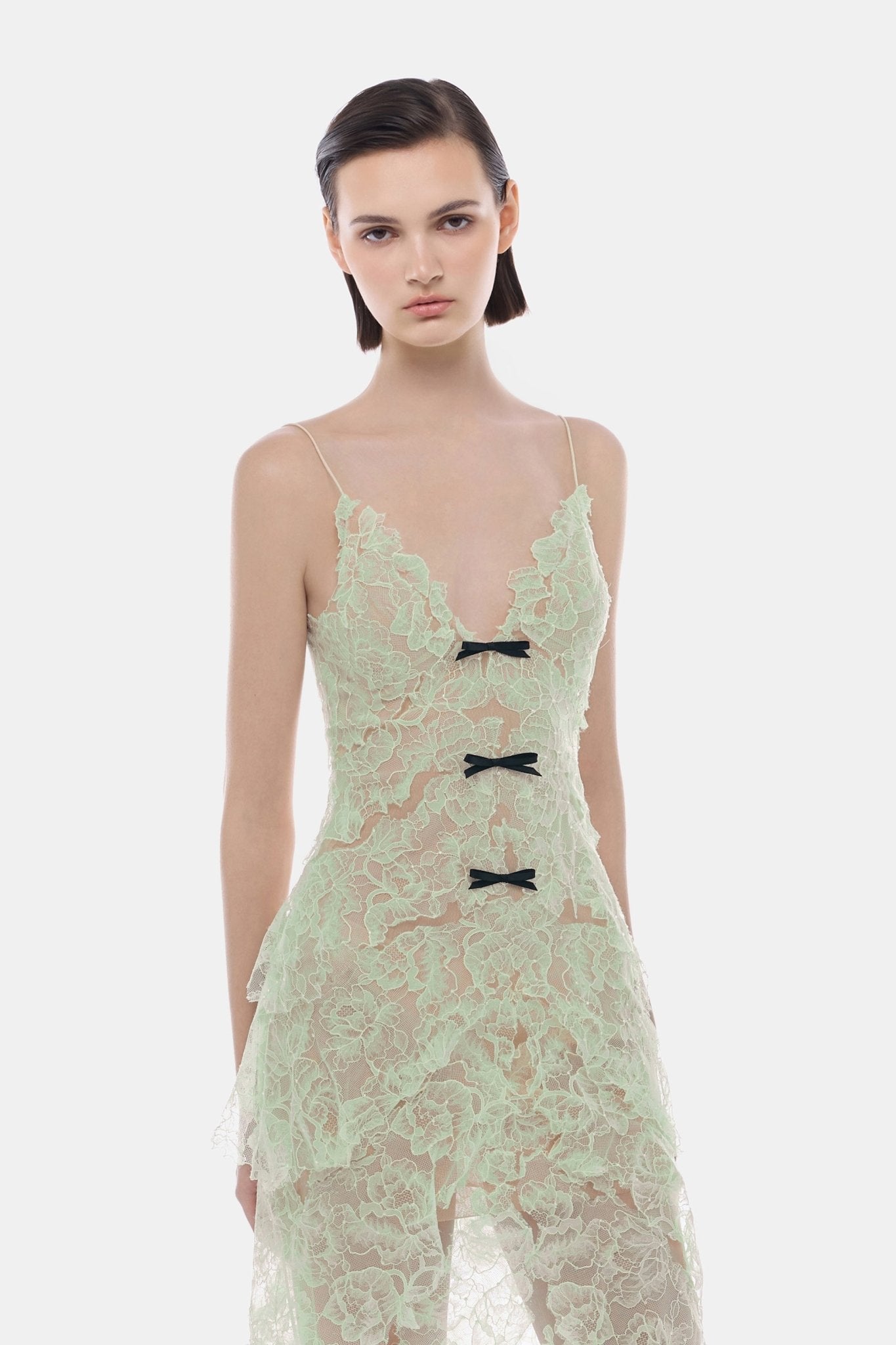 Mint Floral Bow Vneck Midi Dress S