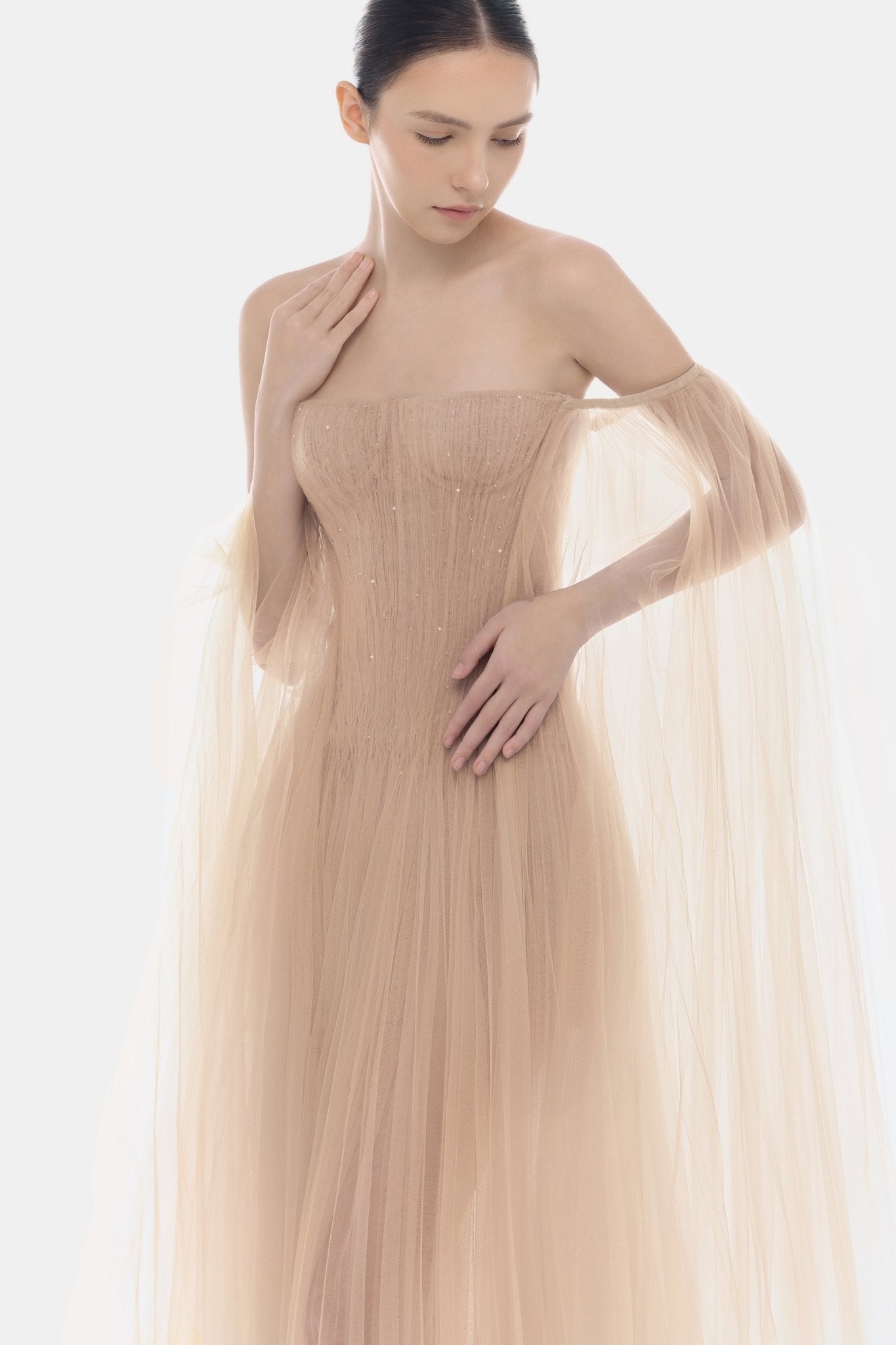 Peach Tulle Off-shoulder Maxi Dress – Montsand Peach Tulle Off-shoulder Maxi Dress – Montsand