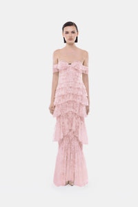 Pink Lace Ruffle Strap Off Maxi Dress - Montsand