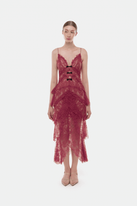 Wine Floral Bow Vneck Midi Dress - Montsand