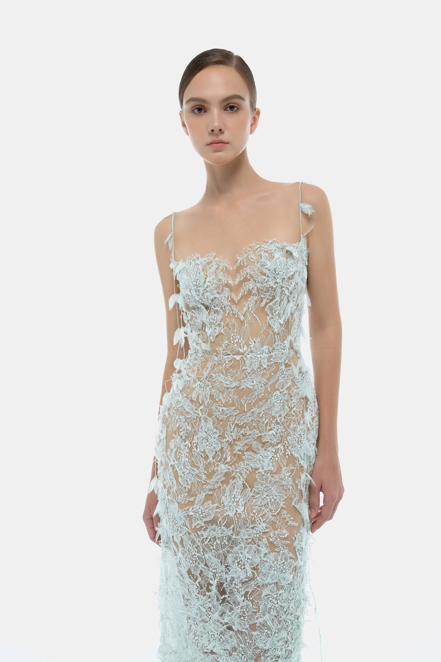 Baby Blue Beaded Lace Pencil Dress