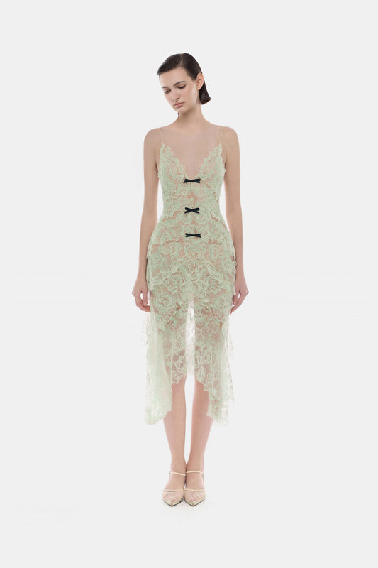 Mint Floral Bow Vneck Midi Dress