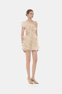 Beige Ruffle One-Shoulder Mini Dress