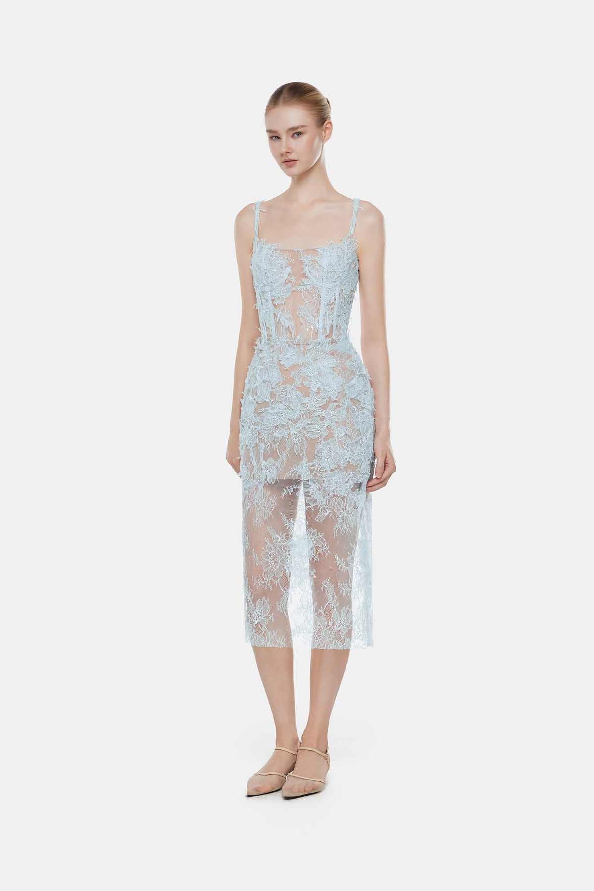 Baby Blue Beaded Lace Pencil Dress