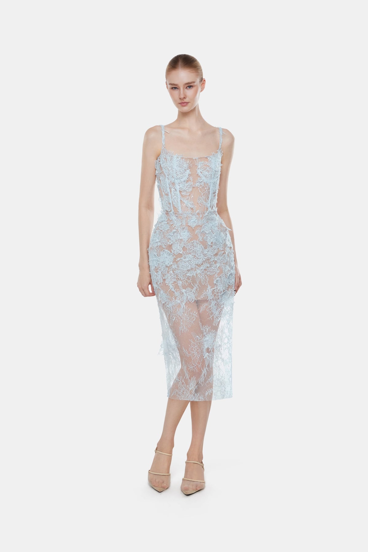 Baby Blue Beaded Lace Pencil Dress