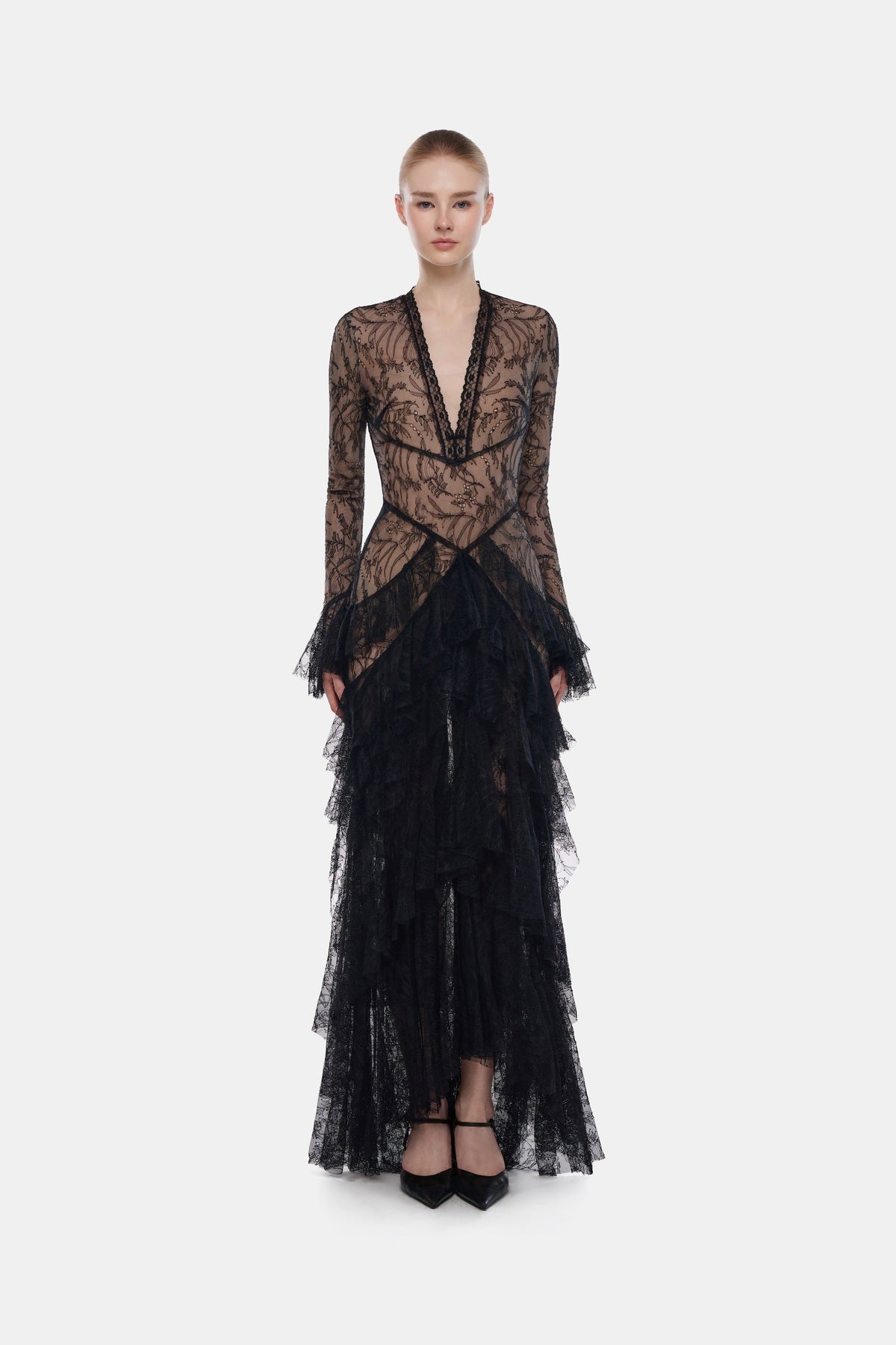 Black Lace Cascade Dress