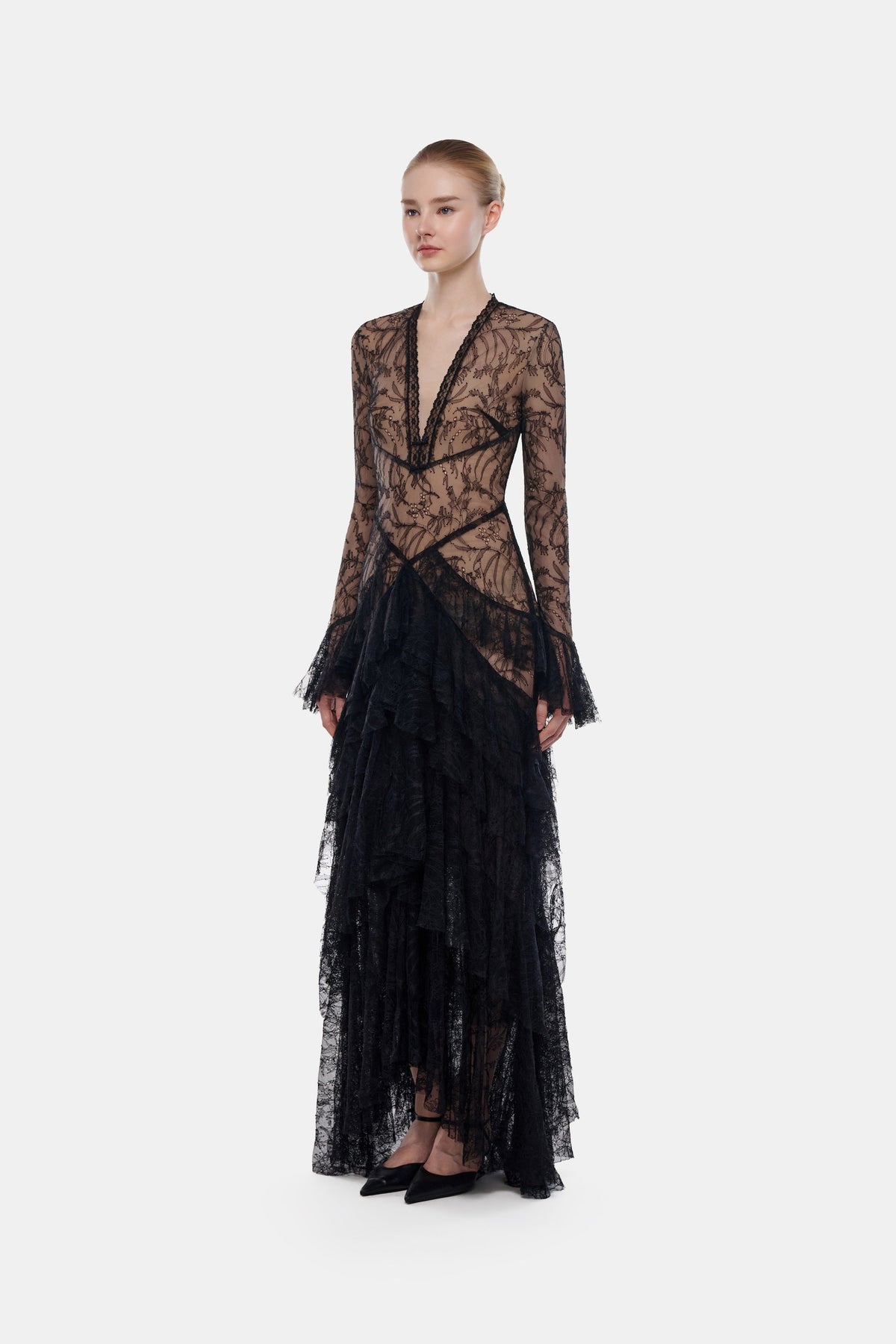 Black Lace Cascade Dress
