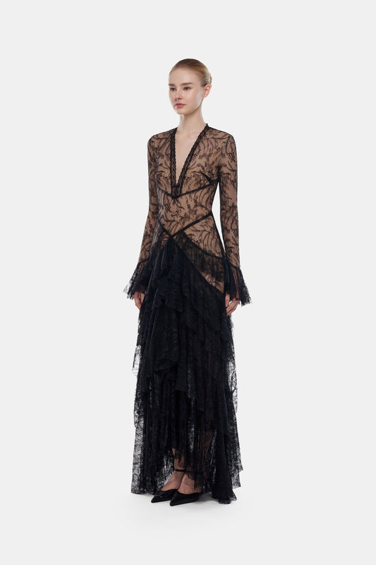Black Lace Cascade Dress