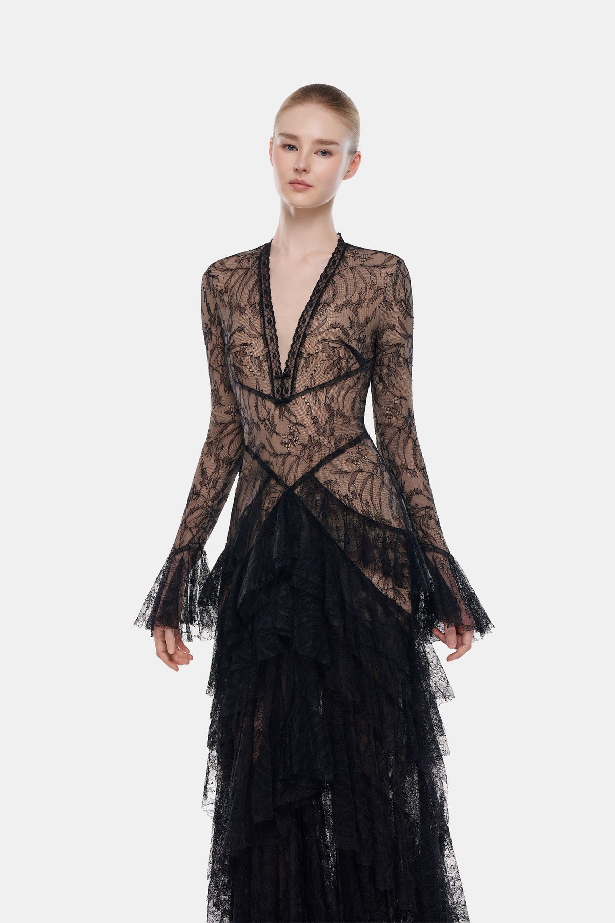 Black Lace Cascade Dress