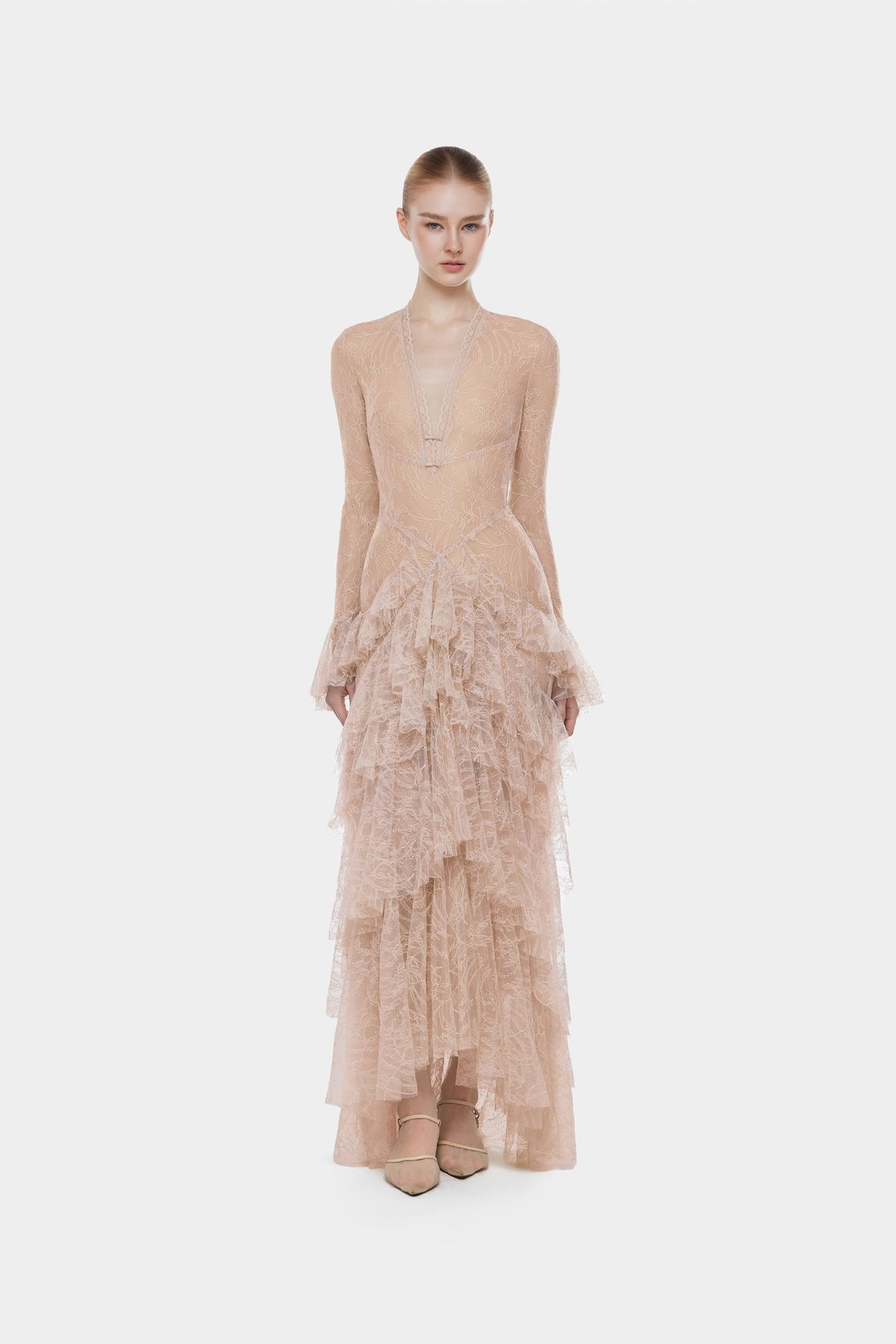 Peach Lace Cascade Dress