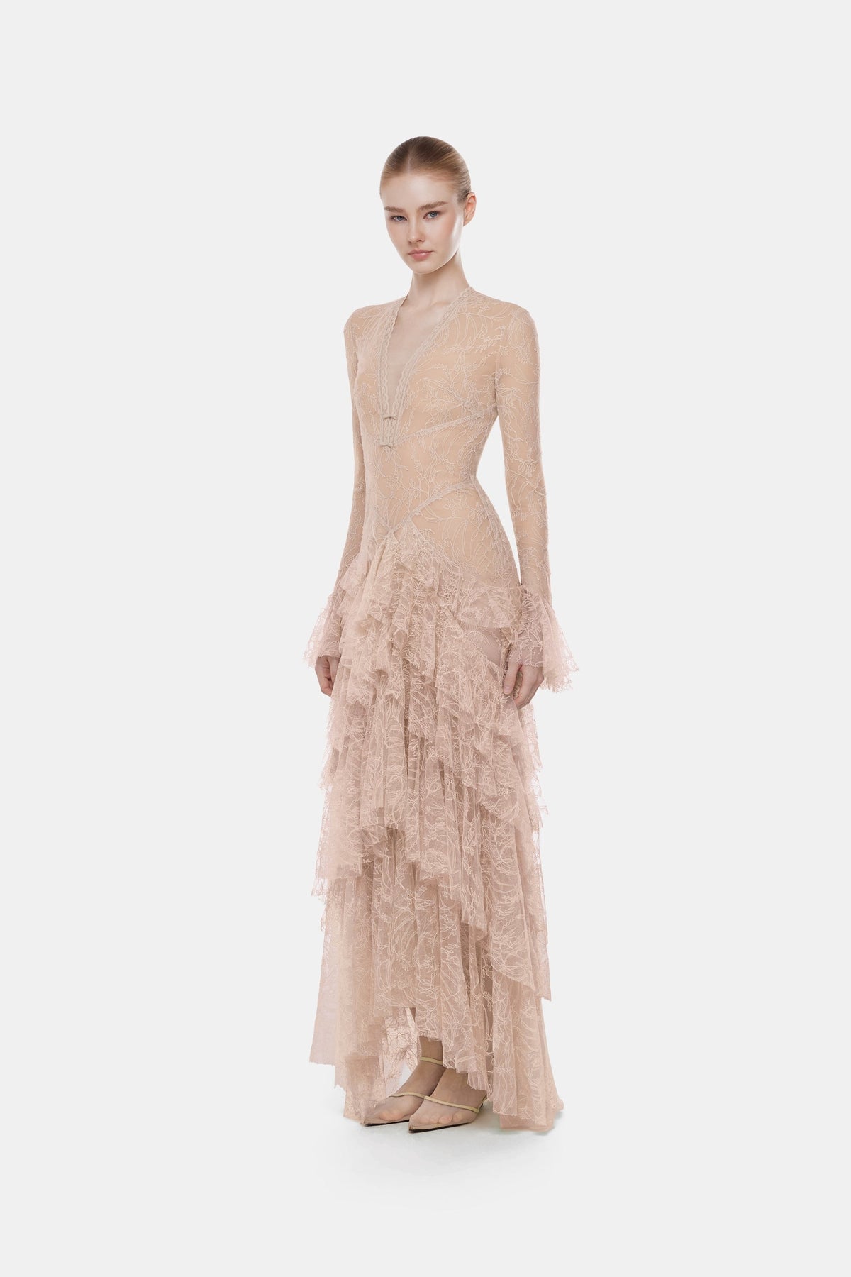 Peach Lace Cascade Dress