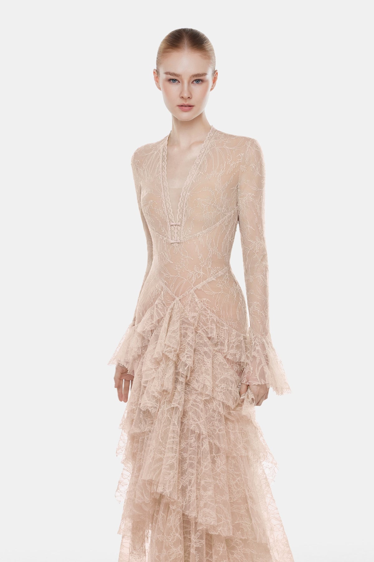 Peach Lace Cascade Dress