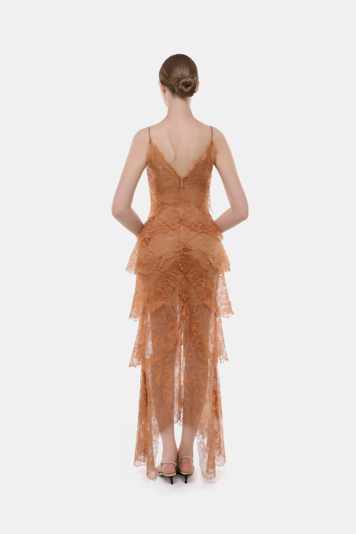 Camel Floral Bow Vneck Maxi Dress