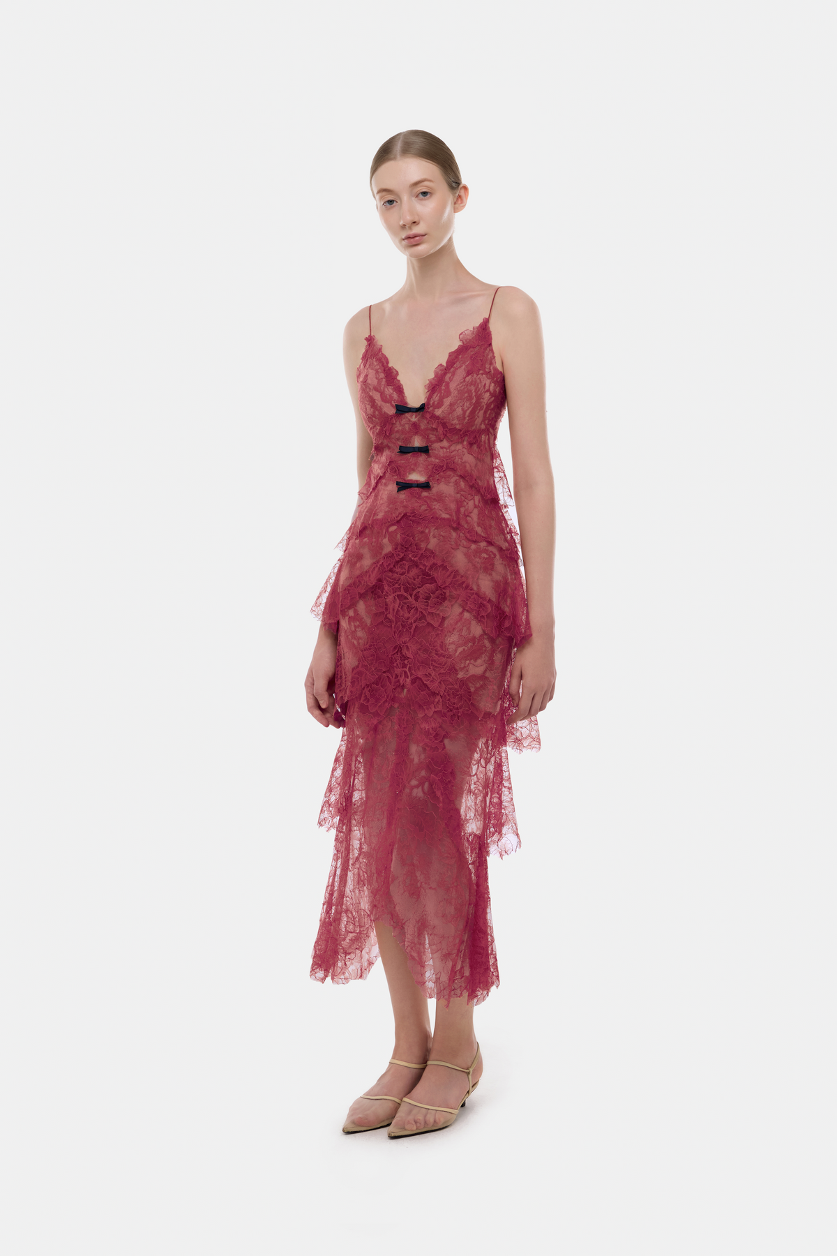 Wine Floral Bow Vneck Midi Dress
