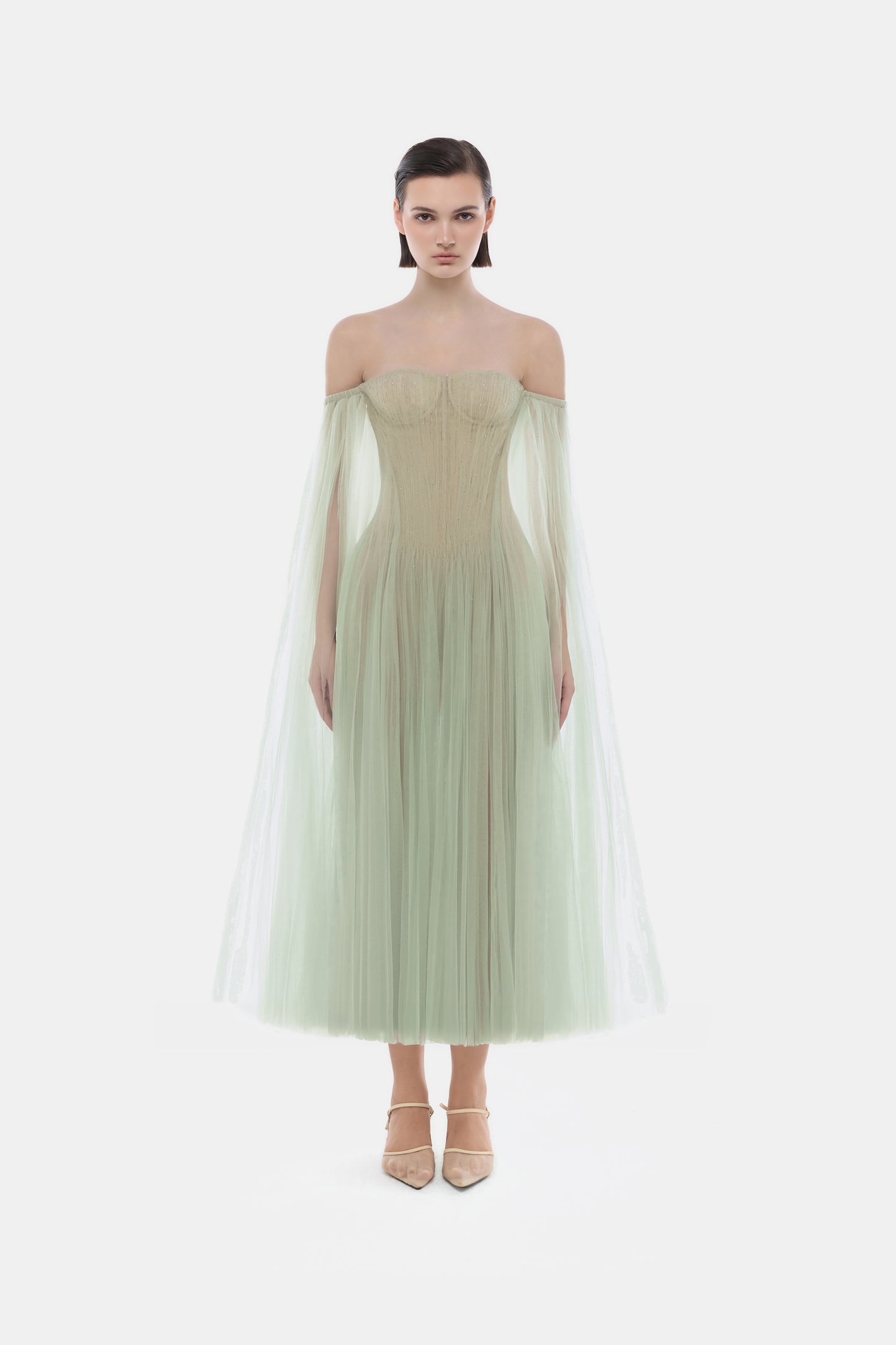 Mint Tulle Off-shoulder Midi Dress