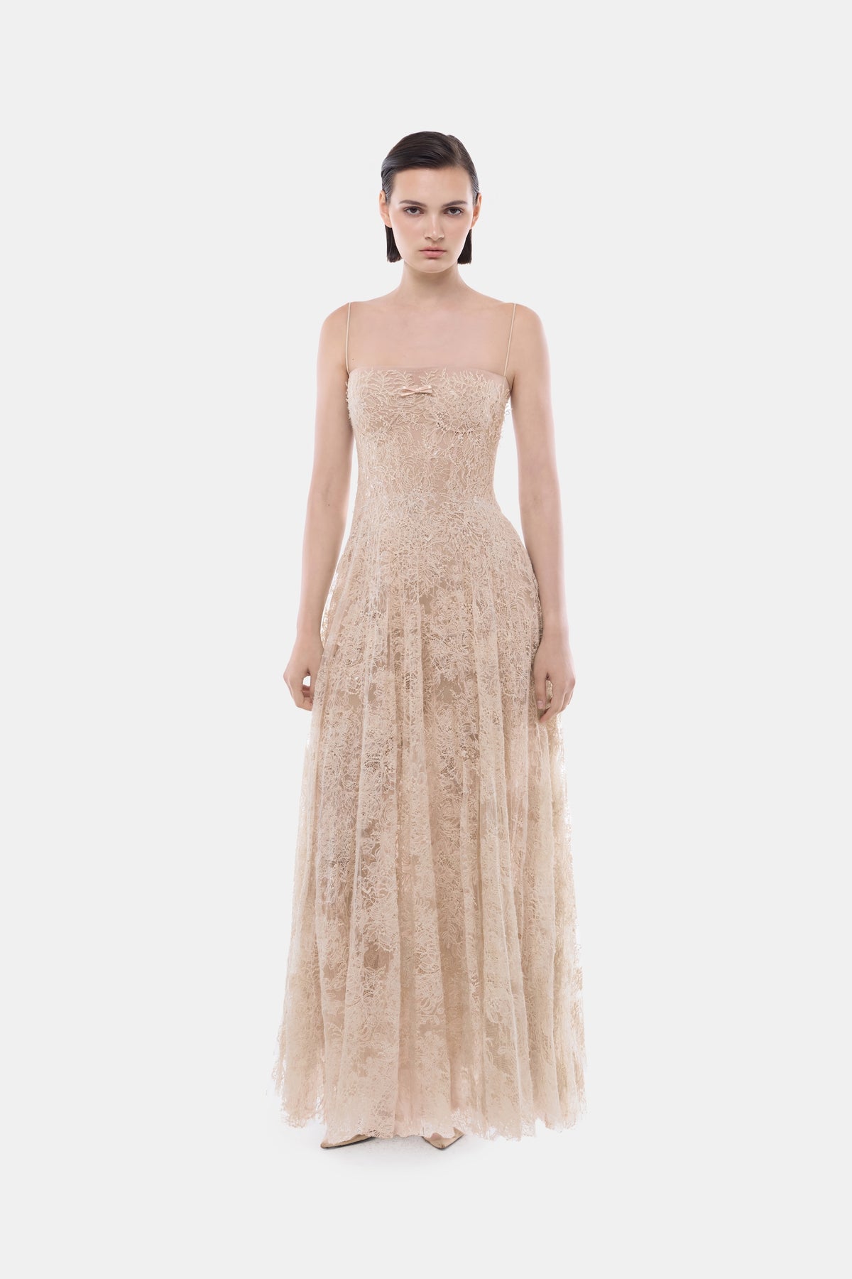 Peach Straight Neckline Pleat Maxi Dress
