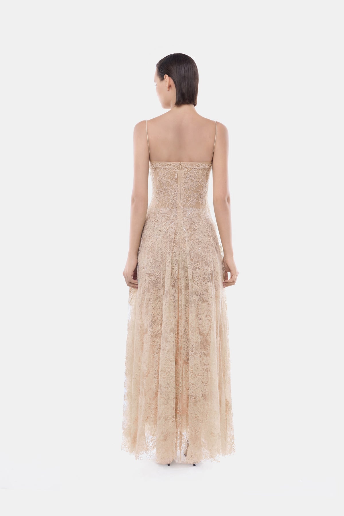 Peach Straight Neckline Pleat Maxi Dress