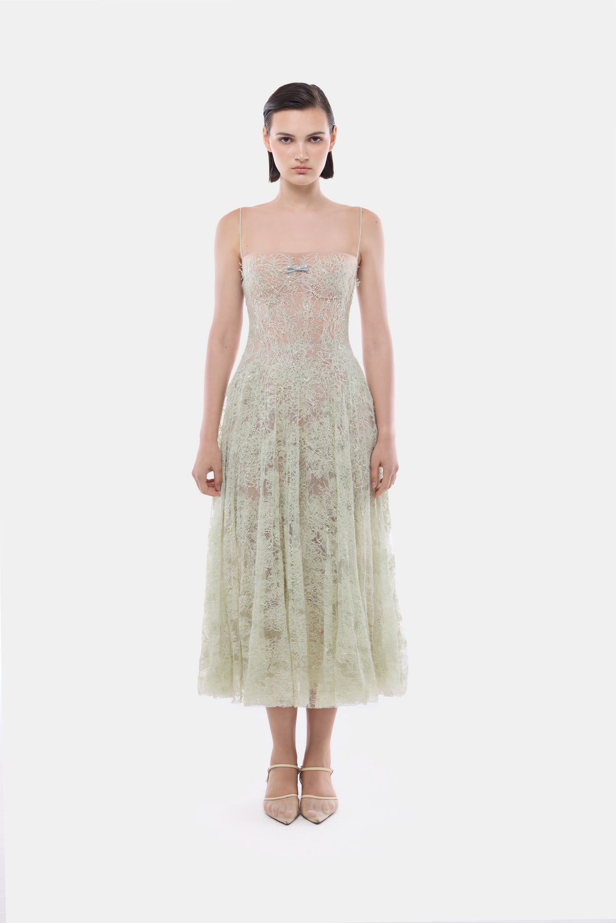 Mint Straight Neckline Pleat Midi Dress