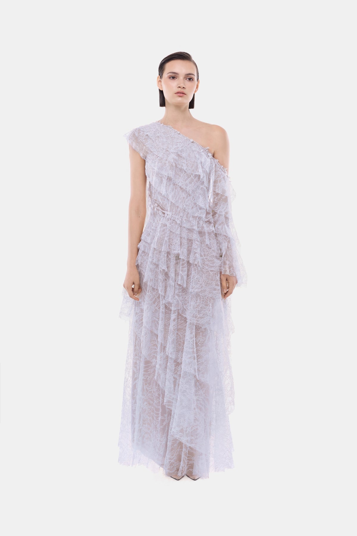 Violet Tiered Asymmetrical Cascading Dress