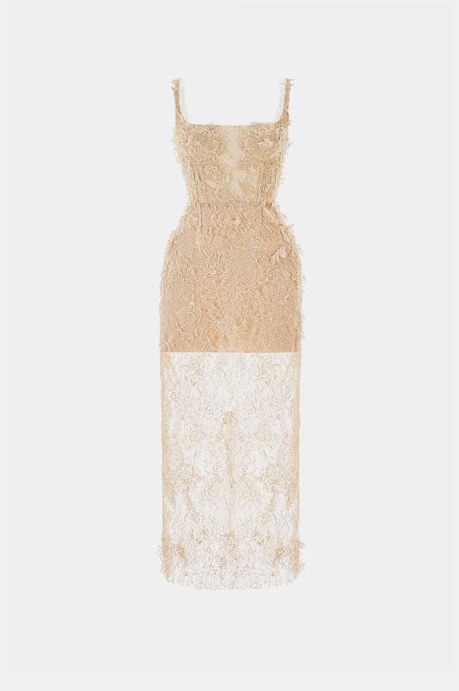 Ivory Beaded Lace Pencil Dress