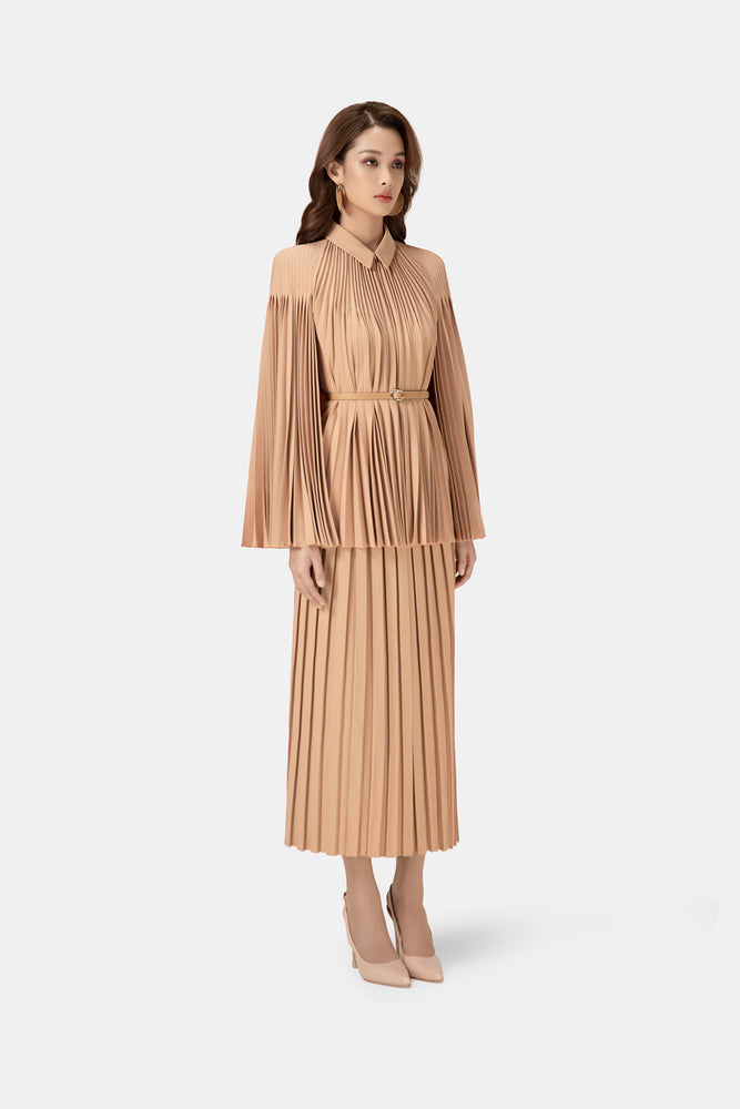 Camel Pleated Cape Jacket