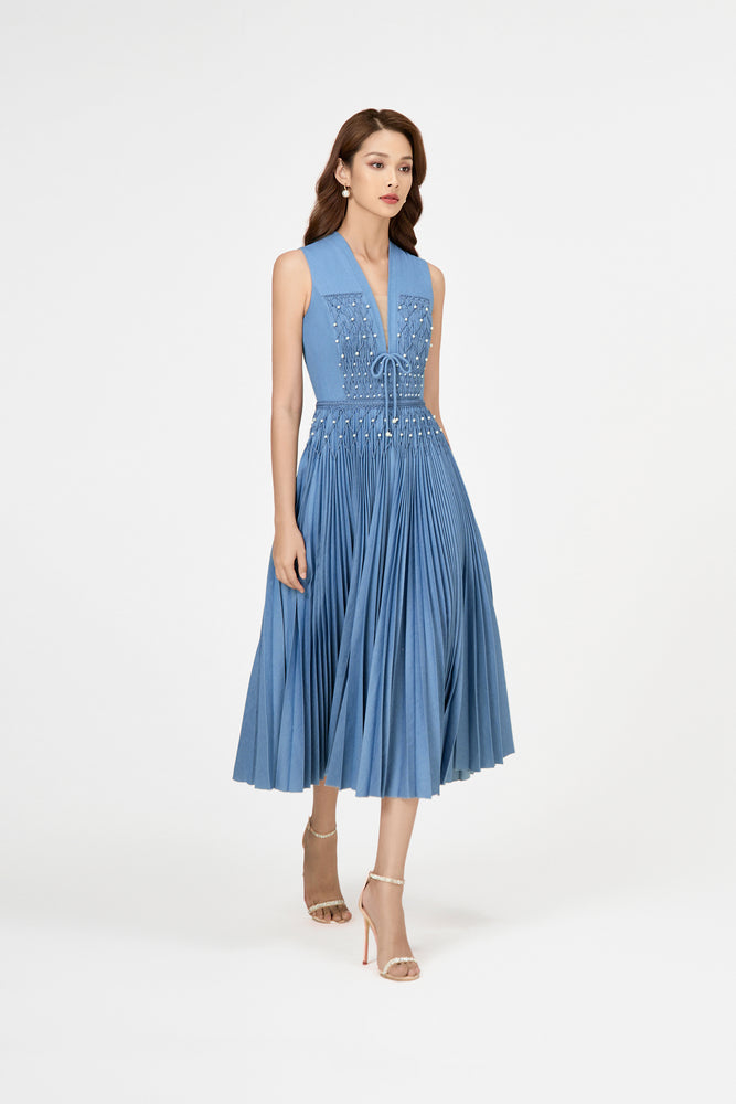 Denim Smocked Midi Dress