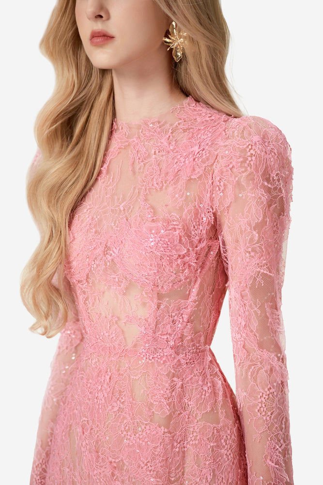 Pink Beaded Lace Midi Dress