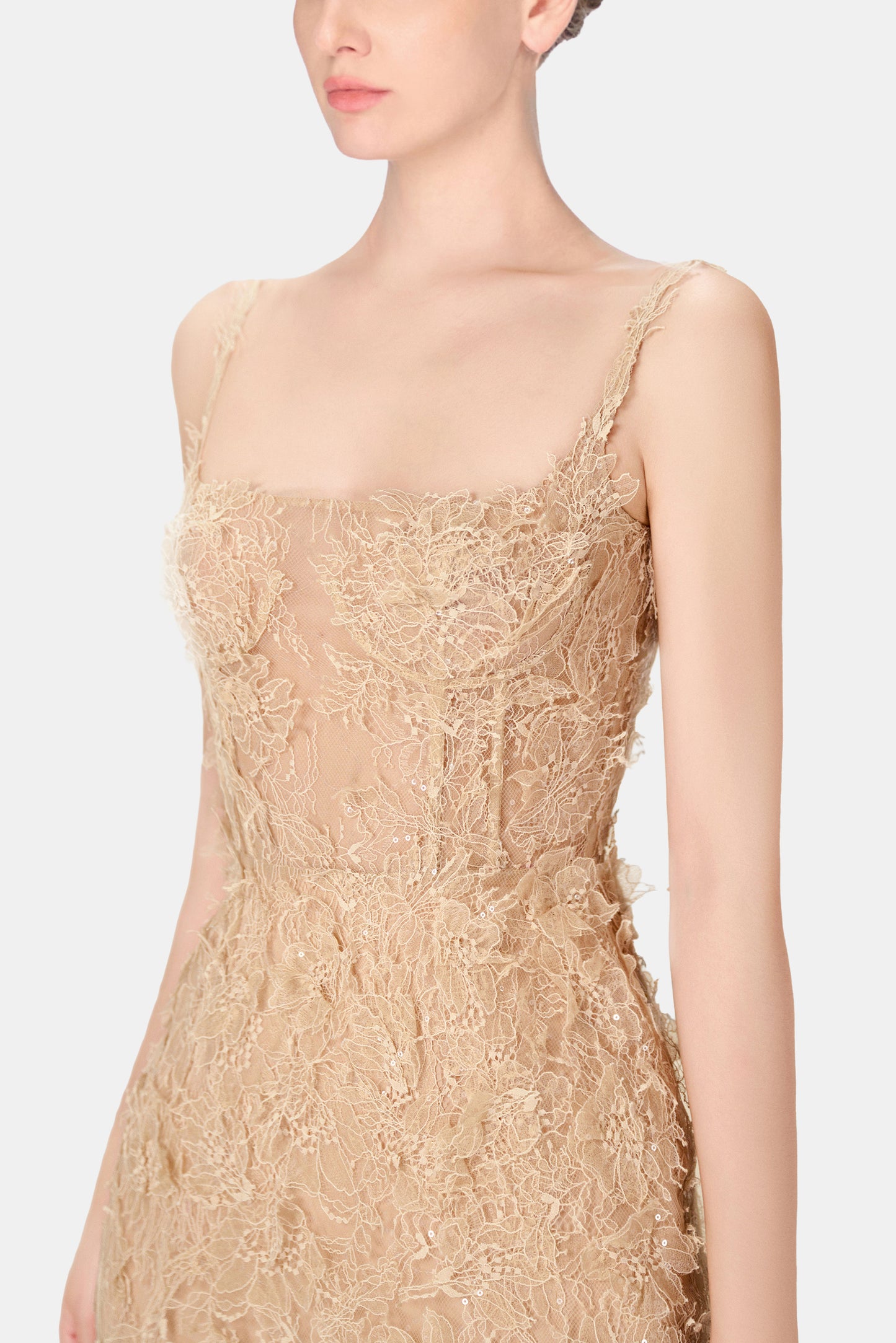 Beige Beaded Lace Fitted Dress