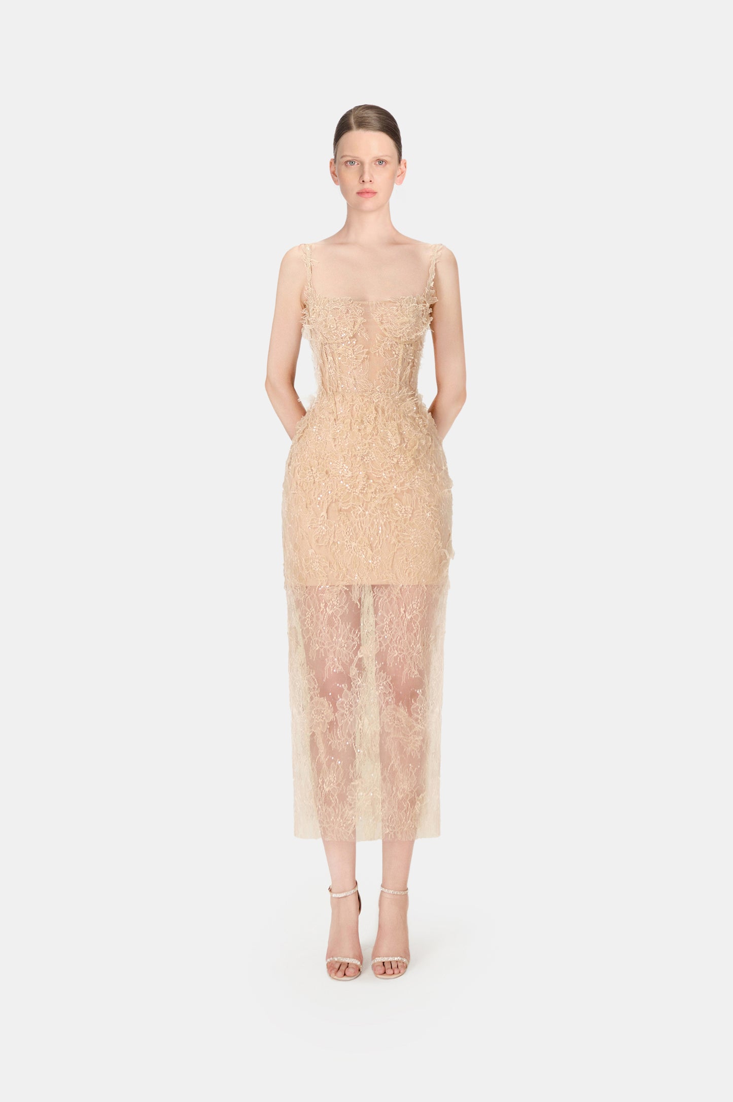 Beige Beaded Lace Fitted Dress