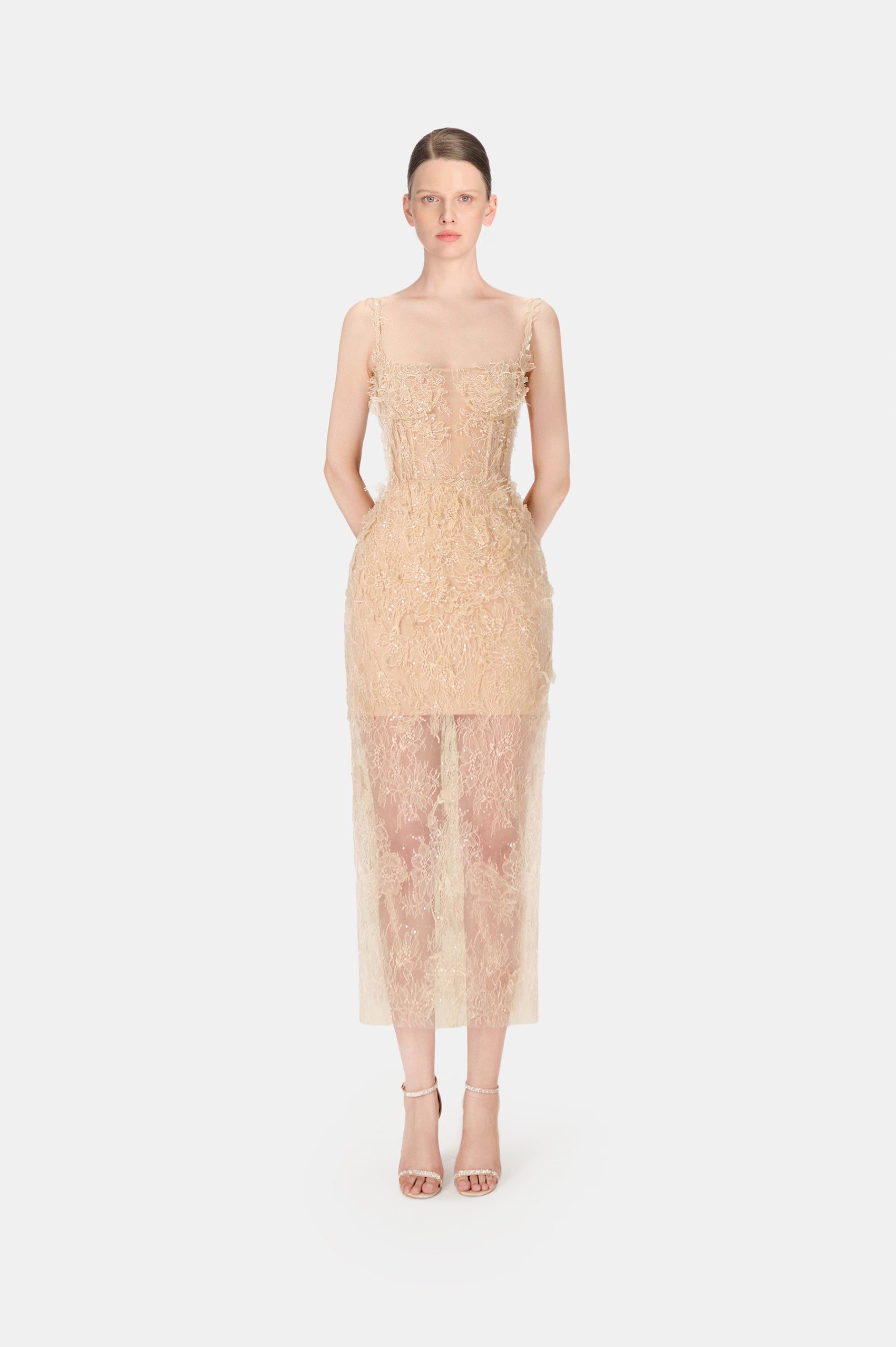 Beige Beaded Lace Fitted Dress