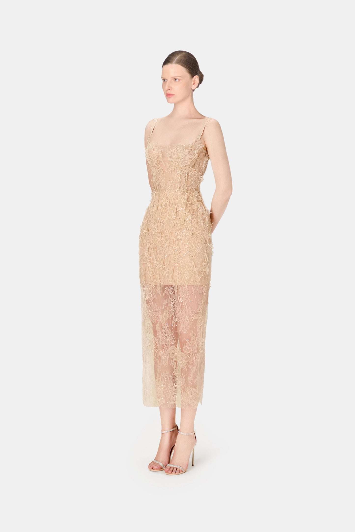 Beige Beaded Lace Fitted Dress
