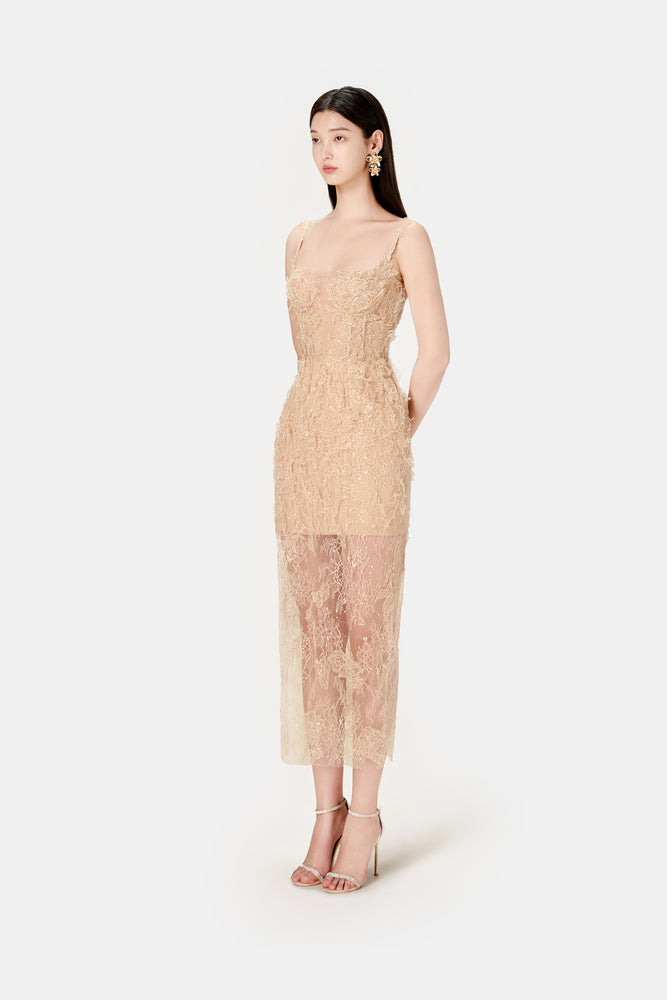 Ivory Beaded Lace Pencil Dress