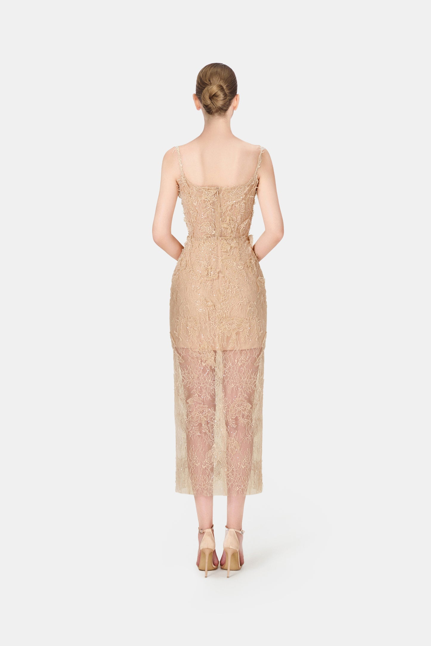 Beige Beaded Lace Fitted Dress