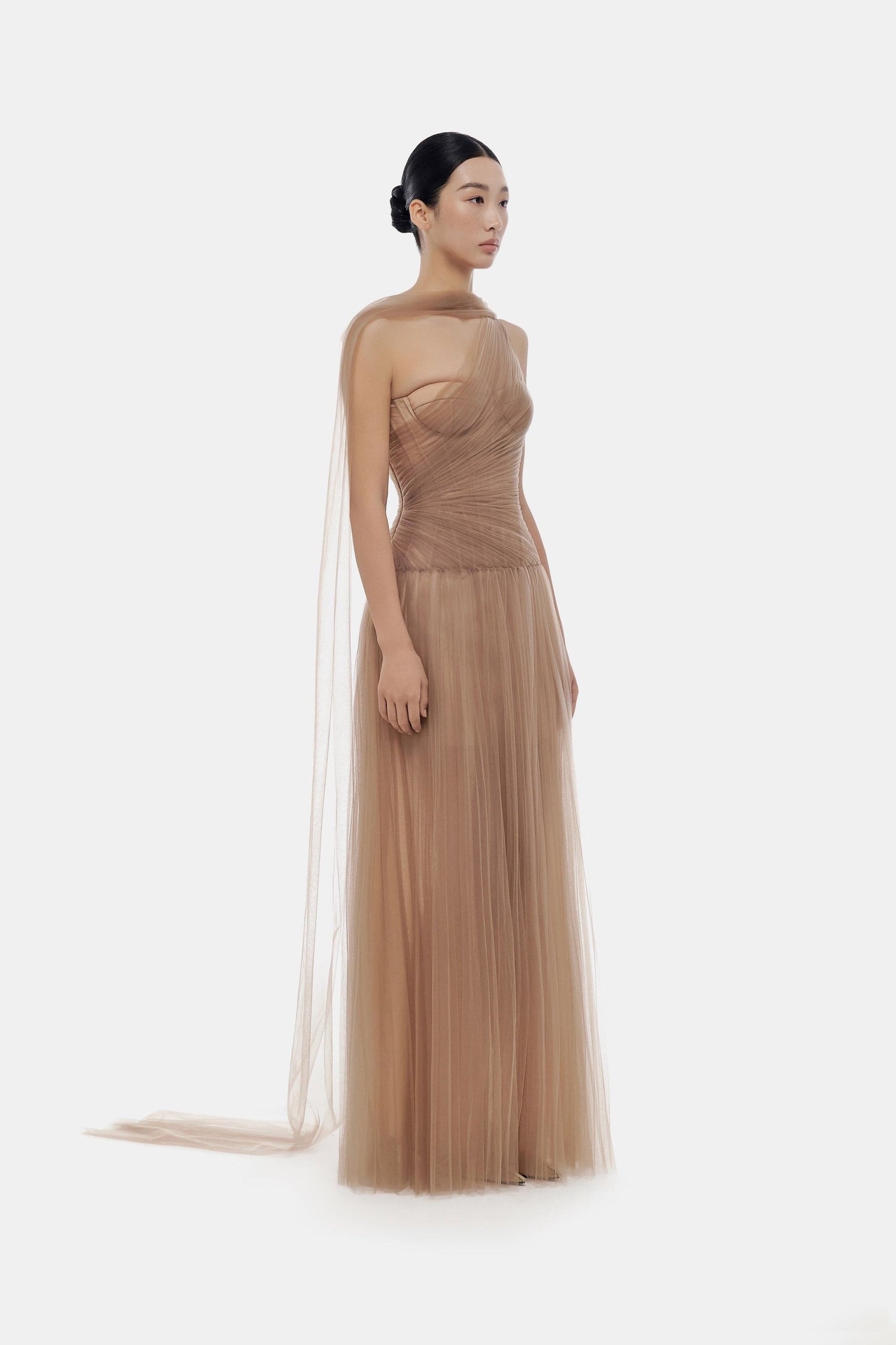 Elegant beige tulle gown on model