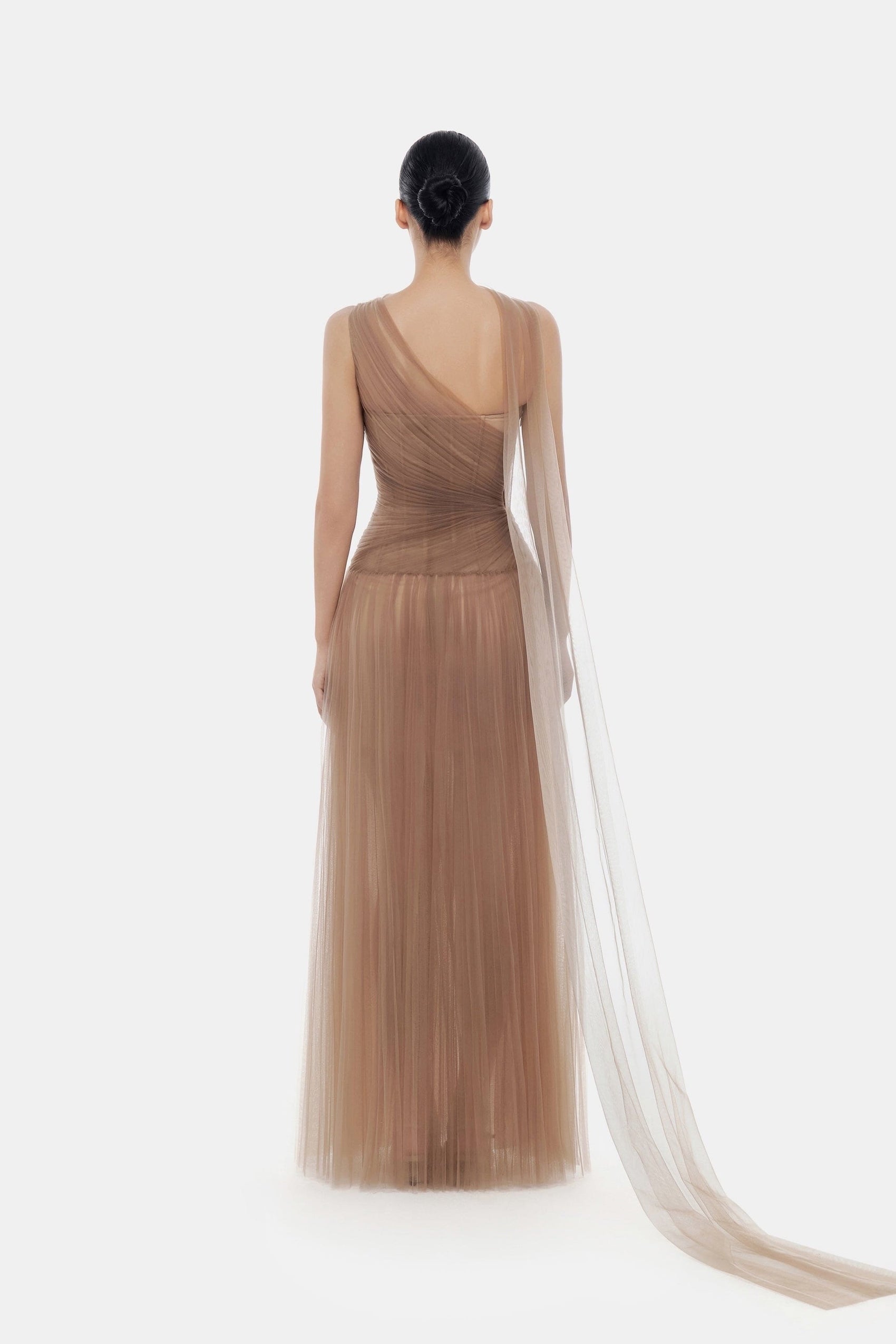 Tan draped gown, back view.