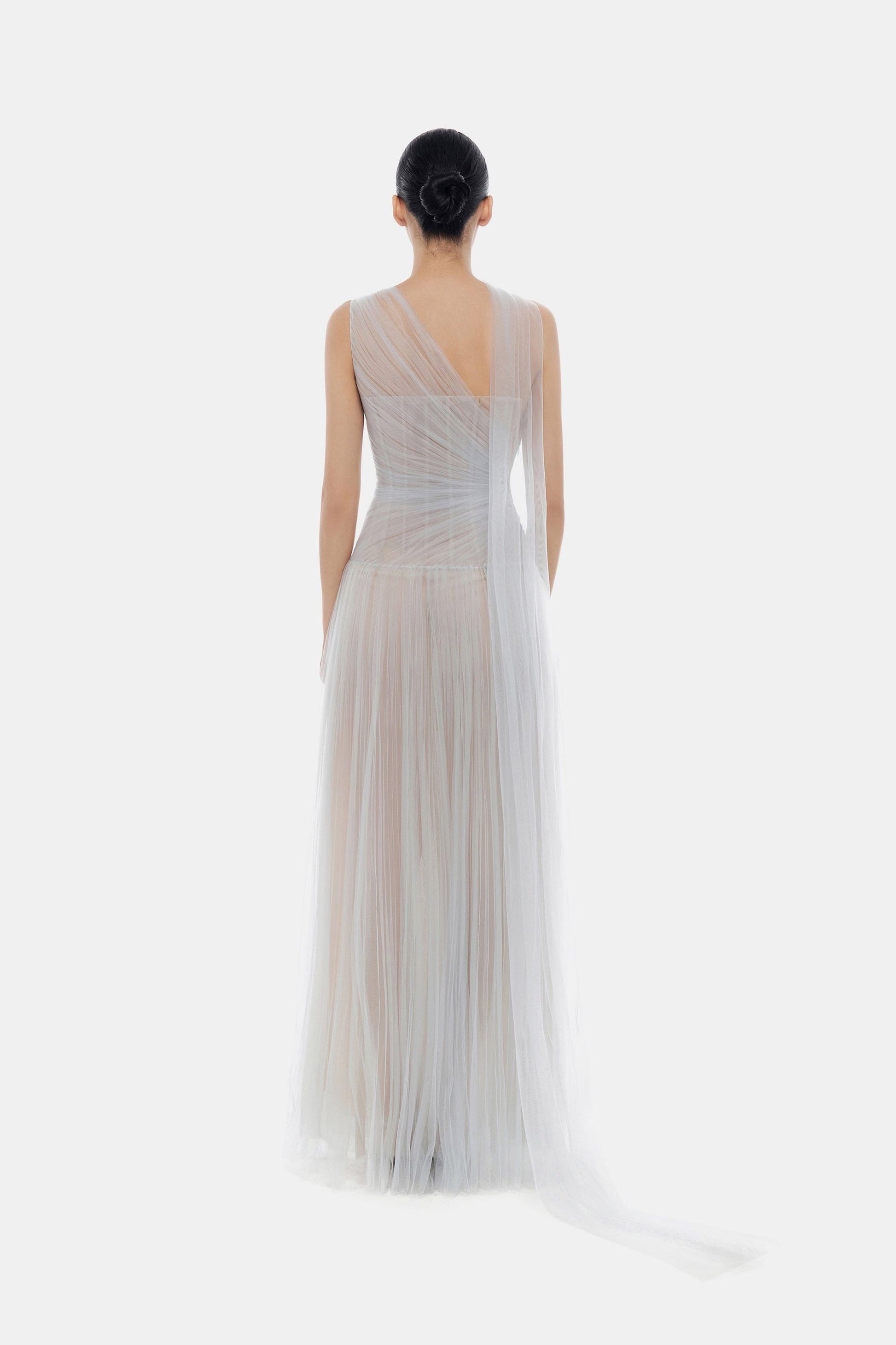 Elegant draped gown from behind