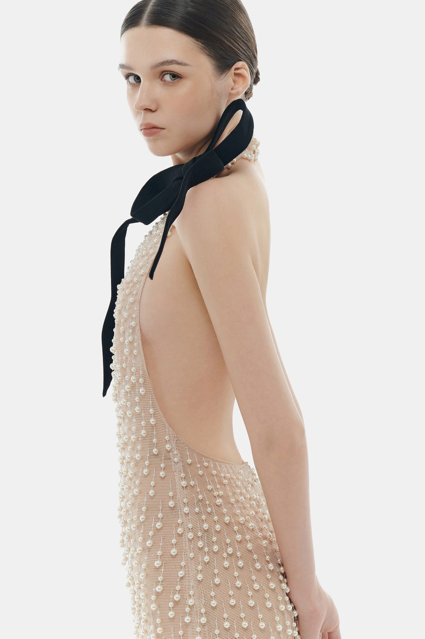 Pearl dress with black bow detail
