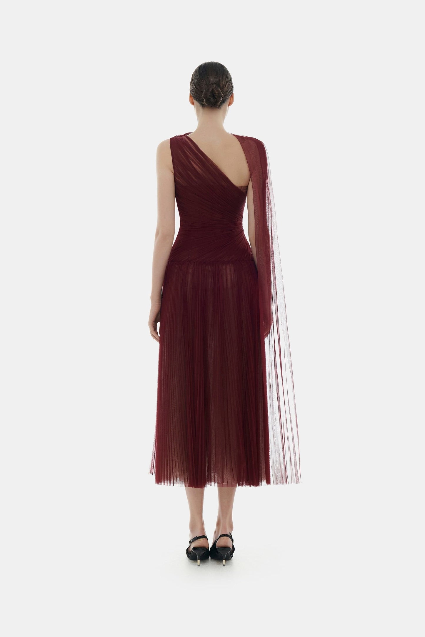 Burgundy one-shoulder pleated dress